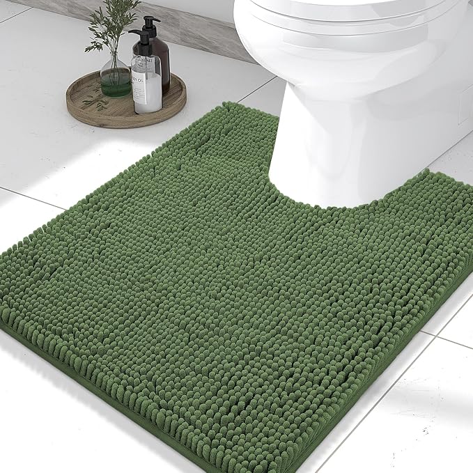 Smiry Luxury Chenille Toilet Rugs U-Shaped 24x20, Soft Absorbent Non-Slip Contour Bathroom Rugs for Toilet, Machine Washable Contoured Bath Mats, Olive Green