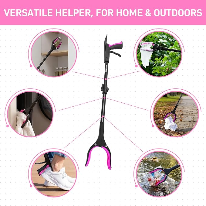 32 inch GrabRunner Folding Reacher Grabber Tool with Shoehorn,360° Rotating Head Grabber Tool with Strong Magnetic,Grabbers for Seniors (Pink)