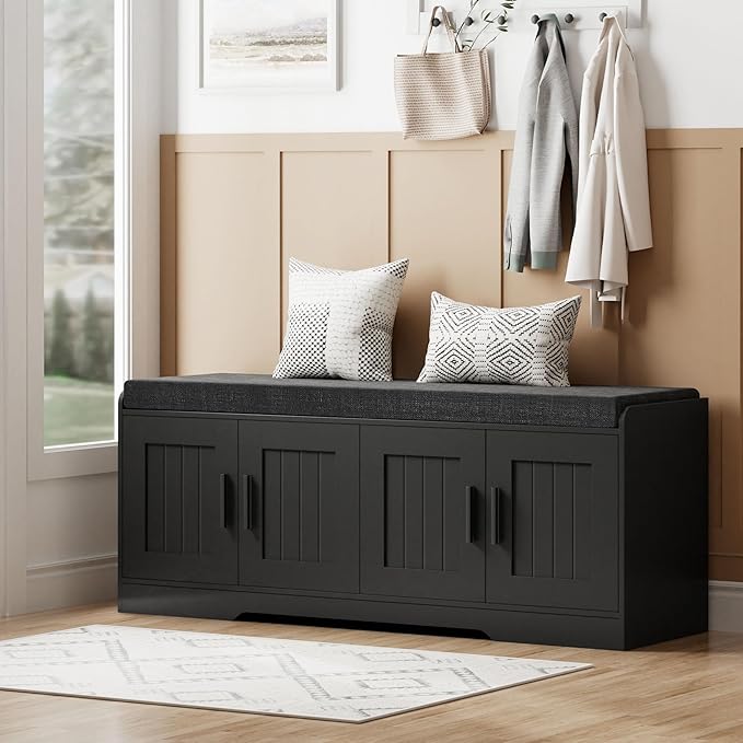 Homleke 2-Tier Storage Bench, Shoe Bench with Thickened Padded Seat Cushion, Entryway Bench with 4 Doors, Adjustable Shelf, 13.8" D x 45.3" W x 18.5" H, for Entryway, Living Room, Bedroom, Black