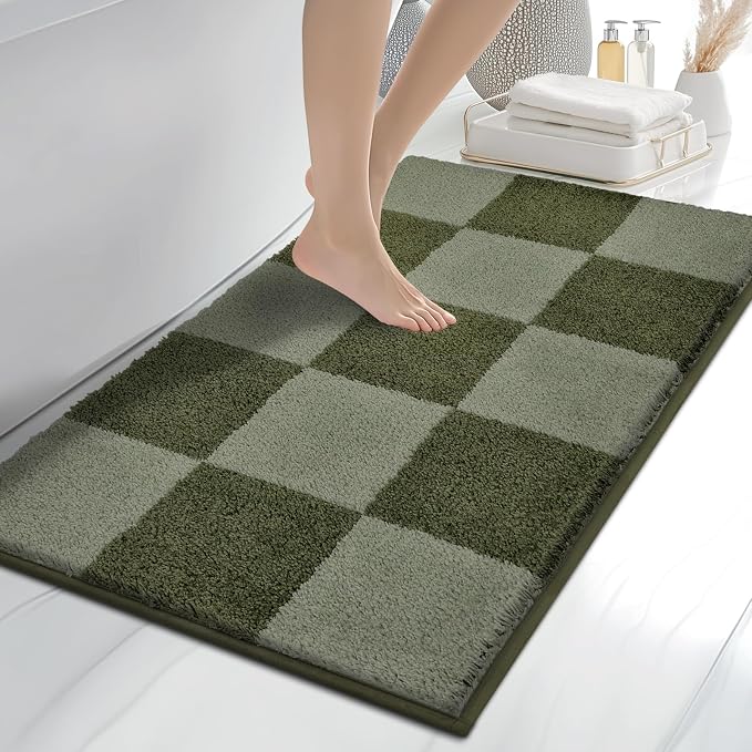 anllugs Bathroom Rugs 24" x 36", Non-Slip Extra Soft Absorbent Bath Rugs, Machine Washable Quick Dry Bath Mats for Bathroom Floor, Shower, Bathtub and Sink, Checkered Budding Green & Sage Green