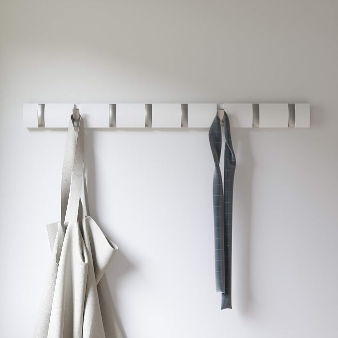 Umbra Flip Wall-Mounted Coat Rack with 8 Hooks – Modern, Space-Saving Storage for Hats, Jackets, Bags, Entryway, Mudroom, Closet, Bathroom, Bedroom – White/Nickel