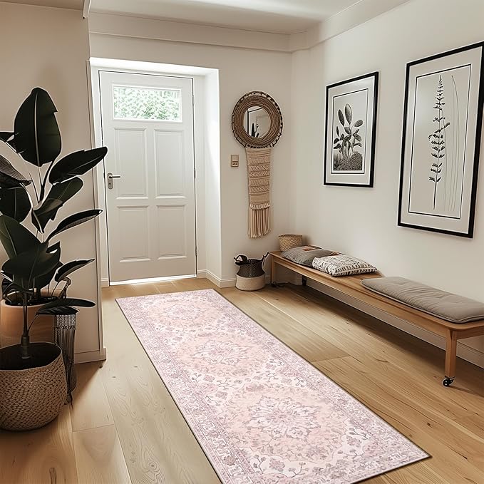 RELEANY Area Rugs Runner 2'x8' Washable Non-Slip, Floral Vintage Distress Medallion Carpet for Kitchen Hallway Bedroom Beside Laundry Room Bathroom, Pink Greypink Cute