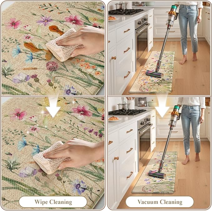 KIMODE Anti Fatigue Kitchen Mat, 17"x47"+17"x29" Floral Kitchen Rugs Sets of 2, Farmhouse Kitchen Floor Mats Non-Slip Cushioned, Comfort Standing Desk Mat for Sink, Laundry,Home Brown