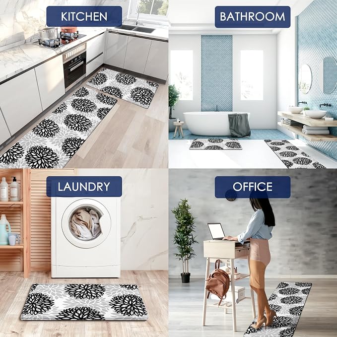 Kitchen Mats Set of 2 Cushioned Anti Fatigue Kitchen Rugs Non Slip Waterproof Runner Memory Foam Kitchen Floor Mat Comfort Standing Mat for Sink, Office, Laundry, Black Gray