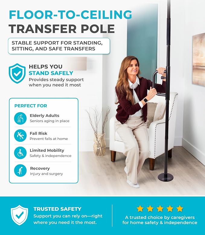 Stander Security Pole and Curve Grab Bar, Elderly Tension Mounted Floor to Ceiling Transfer Pole, Bathroom Safety Assist and Stability Rail, Metallic Black