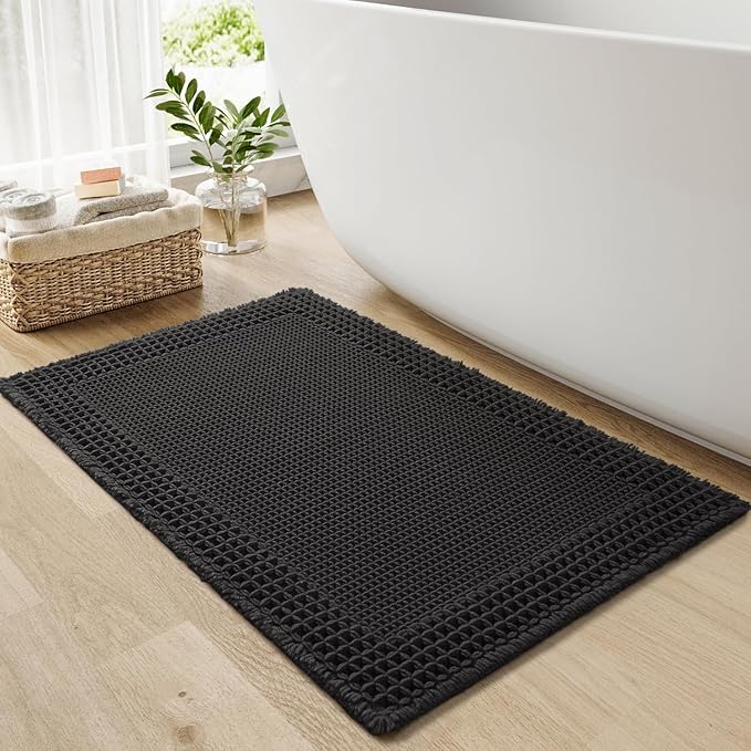 RESARE Waffle Bath Mat for Bathroom, Super Absorbent Bathroom Rugs Non Slip Machine Washable, Ultra Soft Quick Dry Boho Bath Rugs with Tassels, Farmhouse Home Decor Accessories, 20"x32" Black