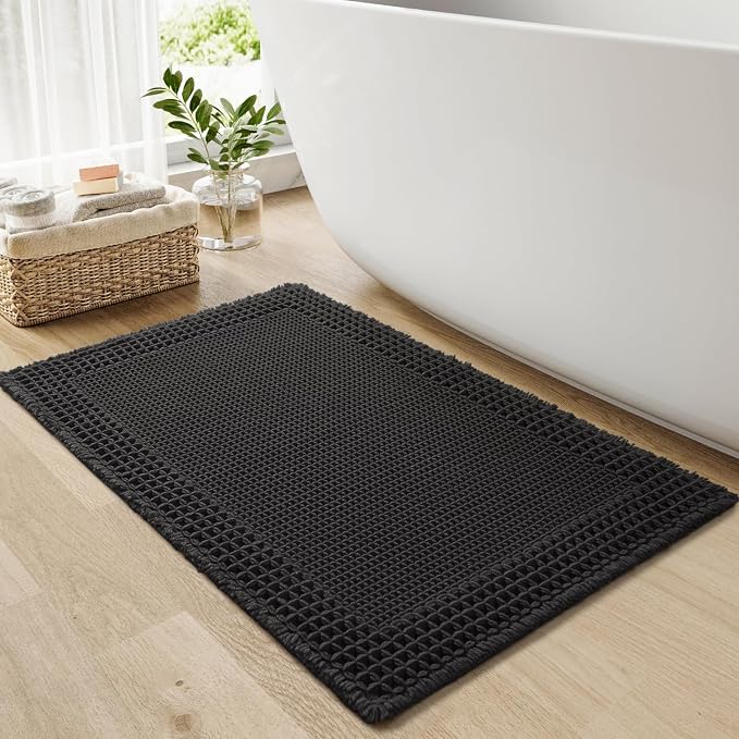 RESARE Waffle Bath Mat for Bathroom, Super Absorbent Bathroom Rugs Non Slip Machine Washable, Ultra Soft Quick Dry Boho Bath Rugs with Tassels, Farmhouse Home Decor Accessories, 18"x30" Black