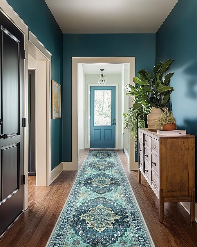 RELEANY Area Rugs Runner 2'x10' Washable Non-Slip, Floral Vintage Distress Medallion Carpet for Kitchen Hallway Bedroom Beside Laundry Room Bathroom, Teal Green Lake Blue Turquoise