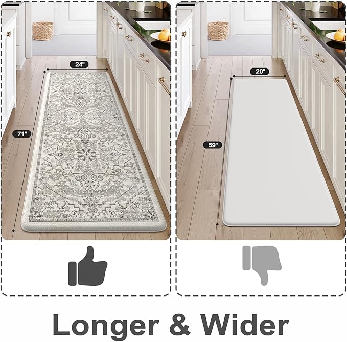 KIMODE Anti Fatigue Kitchen Mats, Padded Kitchen Floor Mats 24"x71", Boho Vintage Kitchen Runner Rugs, Light Grey Rugs for Kitchen Floor, Cushioned Standing Mat for Laundry Office Sink Desk