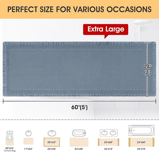 IM HOME Extra Large Waffle Bath Mat, Boho Bathroom Rugs Absorbent Non Slip, Ultra Soft Bathroom Mat, Machine Washable Knit Bath Rugs with Border for Bathroom, Bedroom, Kitchen, Tub, 5'x2', Blue