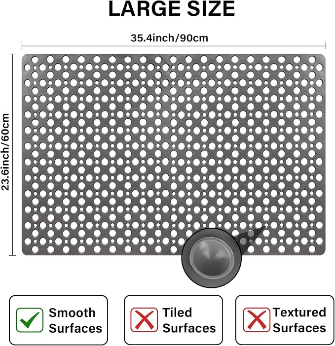 Non Slip Shower Mat: 36 X 24 Inch Large Shower Mats for Inside Shower - Soft TPE Anti Slip Long Shower Floor Mat with Large Drain Holes and Suction Cups