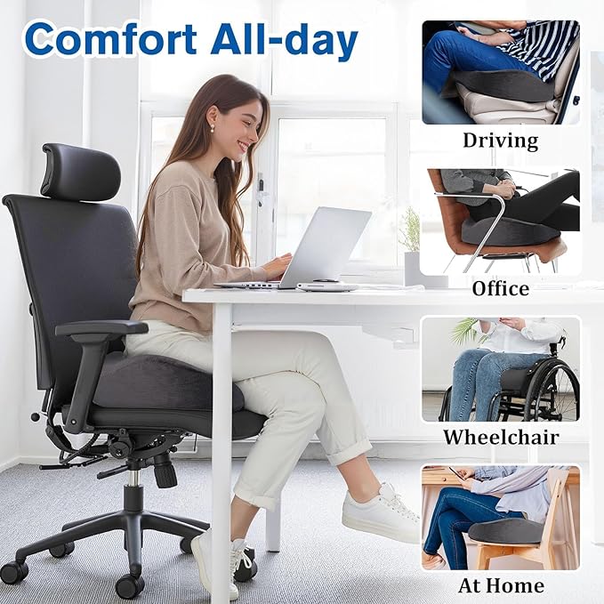 CushyOasis Seat Cushion, Gel Chair Cushions, Office Chair Cushions, Anti-Slip Bottom & Removable Cover Tailbone Pain Relief Cushion, Memory Foam Seat Cushion for Office, Wheelchair, Car (Grey)