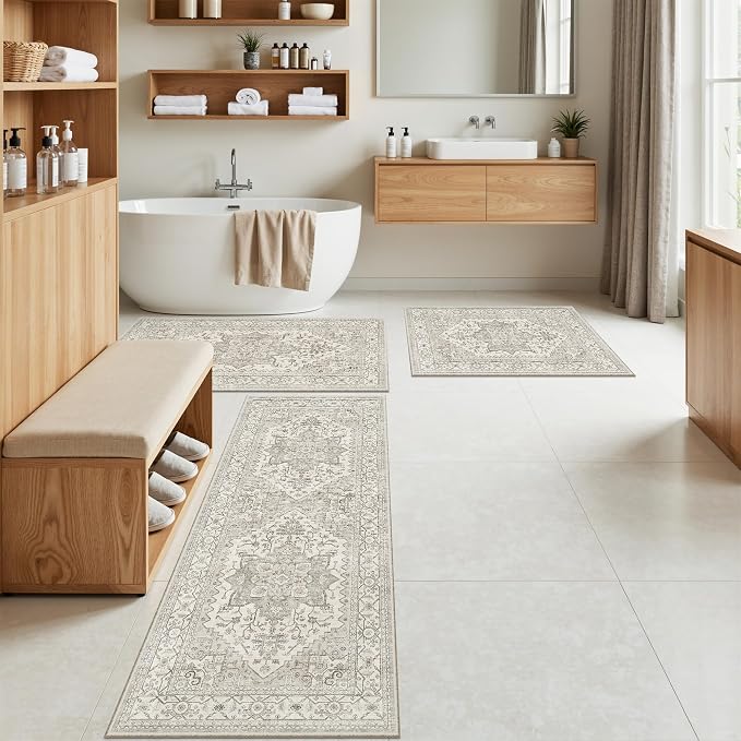 Madane Washable Kitchen Rug Set of 3, Small Area Rug Non-Slip Vintage Entryway Door Mat Indoor Entrance, Low Pile Floor Carpet Runner for Inside Front Door Entry Laundry (2x3+2x4+2x5, Beige/Brown)