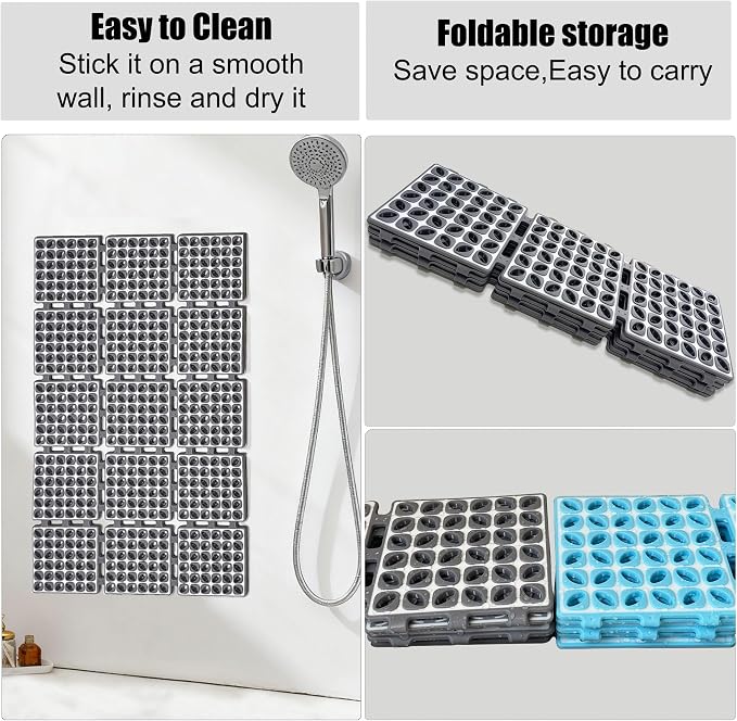 Non Slip Shower Mat for Bathtub with Strong Suction Cups | Quick-Dry Drain holes.Firm Yet Elastic Surface Massages Feet.Boosts Circulation.Sticks to Wall to Dry,Folds.26.2"x15.6" Gray