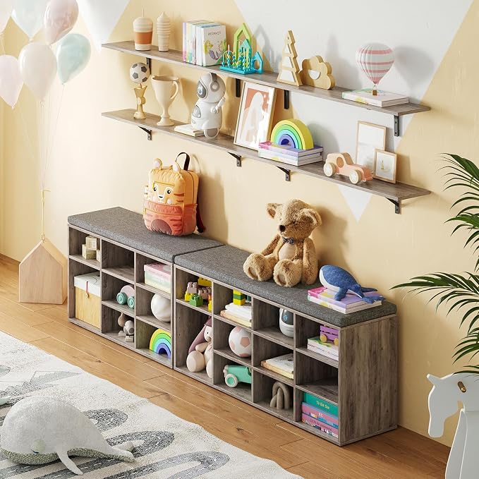 DINZI LVJ Shoe Bench, 9 Cubbies Shoe Organizer for Entryway, Storage Bench with Cushion, Cubby Shoe Rack with Adjustable Shelves for Living Room, Bedroom, Mudroom, Hallway, Greige