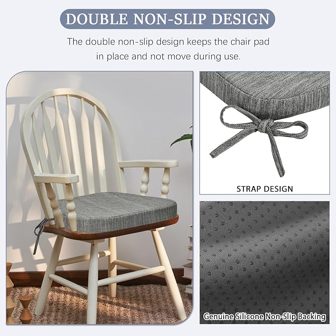 baibu Kitchen Chair Cushions Set of 6, Dual-Layer Patented Design Memory Foam Dining Chair Pads with Ties and Washable Cover, 6 Pack, 17" x 16" x 2", Grey