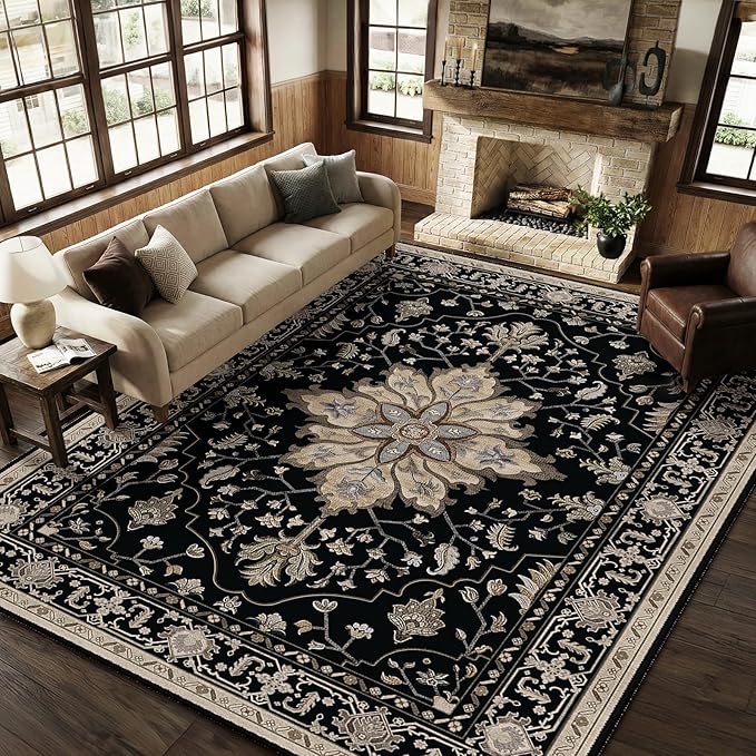 RELEANY Area Rugs 8'x10' Washable Non-Slip, Floral Vintage Distress Medallion Carpet for Living Room Bedroom Dining Room, Black Brown Neutral Dark Tan