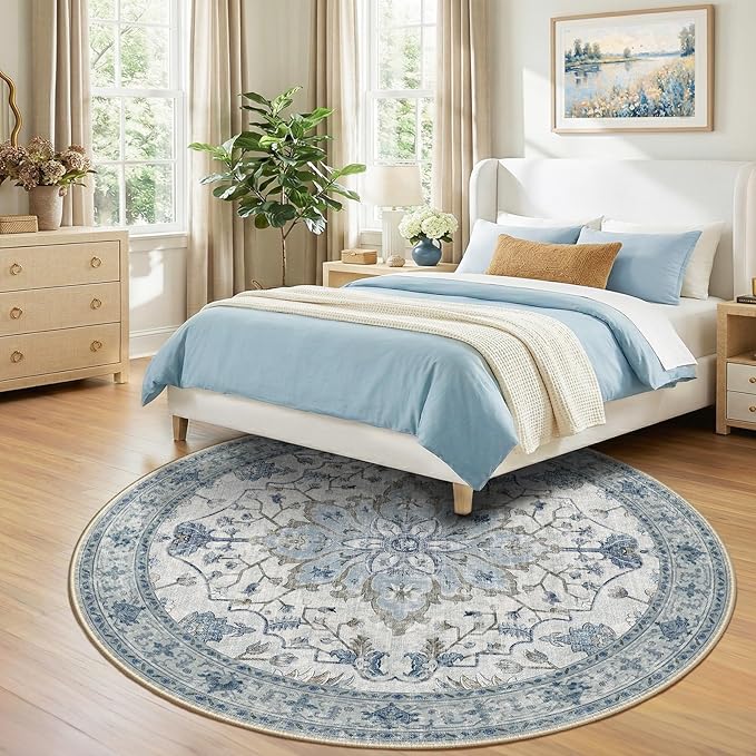 RELEANY Area Rugs Round 8ft Washable Non-Slip, Floral Vintage Distress Medallion Carpet for Living Room Bedroom Dining Room, Light Blue Navy Gray White