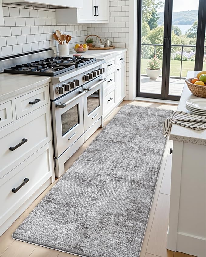 DEXI Kitchen Mats Cushioned Anti Fatigue, 23x86 Floor Padded Runner Rug Non Slip, Waterproof Standing Comfort Memory Foam for Front Sink Laundry, Dark Grey