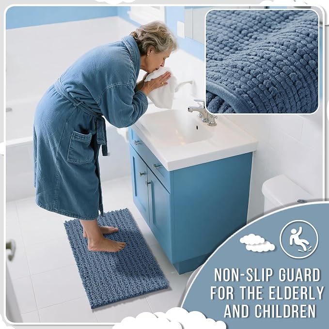 Yimobra Long Bathroom Rugs Non Slip Washable 44x24 Inch - Ultra Soft Absorbent Bath Mat, Quick Dry Shaggy Floor Carpet for Tub Shower, Denim Blue Home Decor Accessories