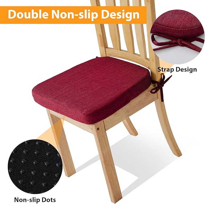 Ruqmuis Chair Cushions for Dining Chairs, 2" Thick Seat Cushions for Kitchen Chairs, D-Shaped Chair Pads with Washable Cover, Ties and Non Slip Backing, 17'' x 16'', Set of 2, Red
