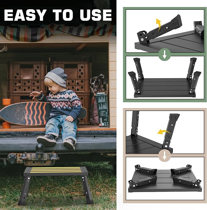 Adjustable Height Aluminum RV Step, Stable Foldable Platform Step Stool, Supports Up to 1,000 lb, Non-Slip Rubber Feet and Platform Mat, Easy to Carry (Black)