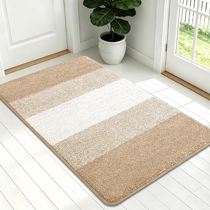 Kitinjoy Indoor Outdoor Door Mat, 54x32 Non-Slip Absorbent Dirt Trapper, Low-Profile Washable Inside Entrance Front Floor Mat, Sturdy Soft Entry Doormats for Entryway, Beige