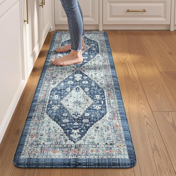 Collive Boho Kitchen Floor Mats, Cushioned Anti Fatigue Kitchen Runner Rugs, Comfort Non Slip Standing Mats for Floor, Laundry, Office, Sink, 17.3''x59'' Dark Blue