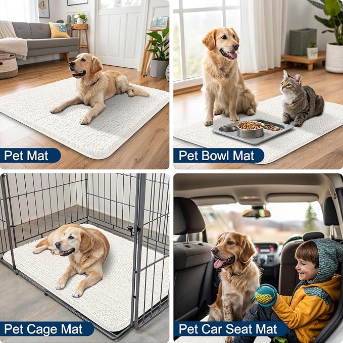 Smiry Dog Door Mat for Muddy Paws 48x30, Absorbent Dirt Trapper, Non-Slip Washable Chenille Entryway Rug for Inside Floor, Ivory, Classic Solid