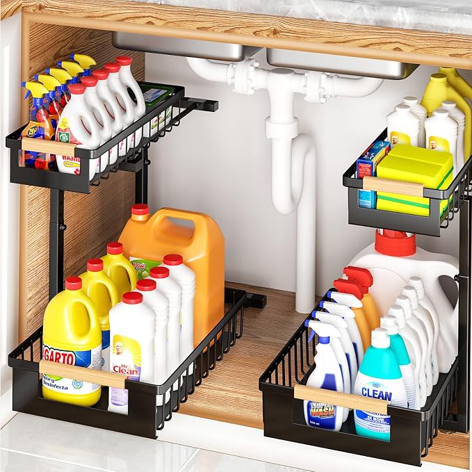 Under Sink Organizers and Storage, 2 Pack L-Shaped Pull Out Cabinet Organizer, 2 Tier Sliding Storage Rack with Adjustable Height, Metal Under Sink Shelf for Kitchen, Bathroom, Pantry, Black