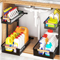 Under Sink Organizers and Storage, 2 Pack L-Shaped Pull Out Cabinet Organizer, 2 Tier Sliding Storage Rack with Adjustable Height, Metal Under Sink Shelf for Kitchen, Bathroom, Pantry, Black