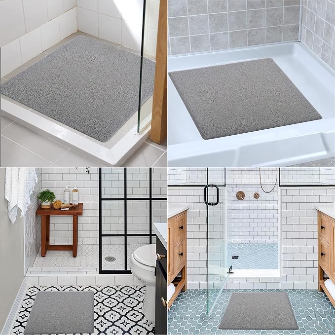 Shower Mat Non Slip Without Suction Cups 24x24 inch, PVC Loofah Bath Mat for Textured Tub Surface,Shower,Bathroom, Quick Drying (Grey)