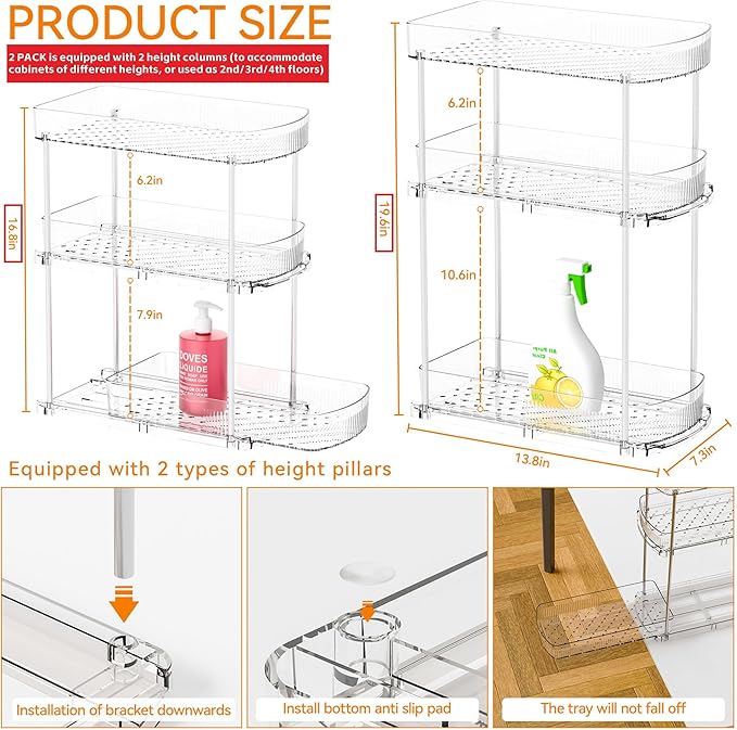 Yieach 2 Pack 13.8″ Deep 3 Tier Under Sink Storage Organizer,Large Pull Out Bathroom Organizers and Storage,Slide Out Acrylic Undersink Storage Shelf,Kitchen Under Sink Organizer for Cleaning Products