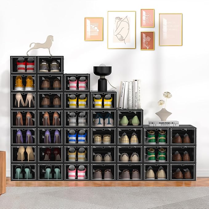 XX-Large Clear Shoe Storage Boxes with Magnetic Door, Thickened Stackable Shoe Organizer 12 Pack, Sneaker Display Case for Closet Organization & Entryway Storage, Dust-Proof Space Saving System, Black