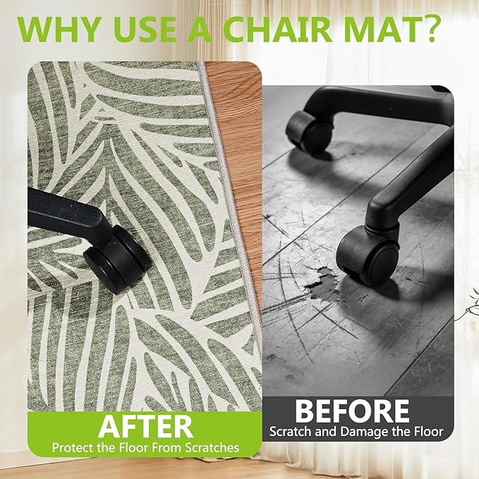 Office Chair Mat for Hardwood Floor & Tile Floor,36"x48"Heavy Duty Desk Chair Mat for Hard Floors, Under Desk Rug for Rolling Computer Chair,Anti Slip,Low Pile Carpet Floor-Green Leaves