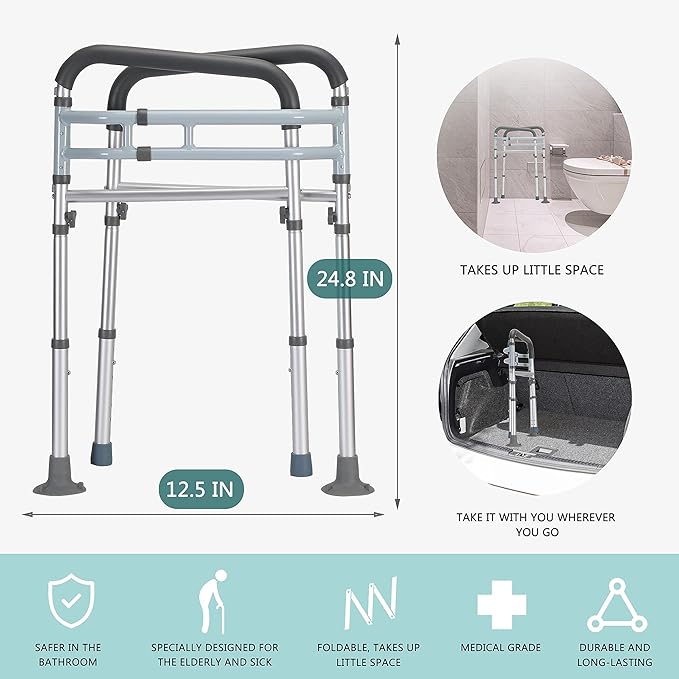 Lianjindun Toilet Safety Rails (350 lb), Adjustable Toilet Frame for Elderly, Seniors, Handicap & Disabled, Foldable Handicap Toilet Handles Fit Any Toilets (Gray)