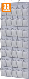 MISSLO 35 Large Pockets Over The Door Shoe Organizer Sturdy Oxford Fabric Hanging Shoe Rack for Door Mesh Closet Shoe Holder Hanger, Grey