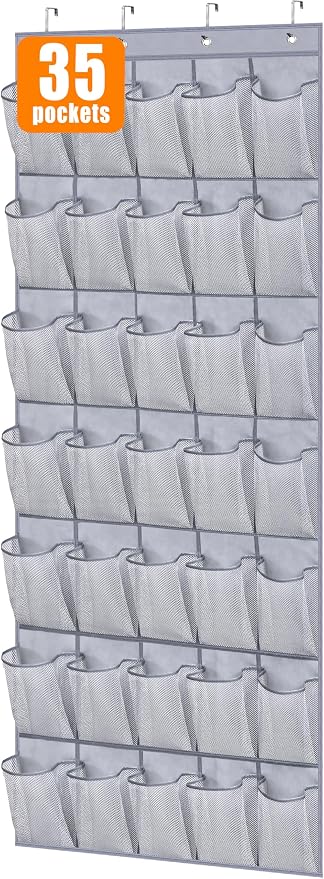 MISSLO 35 Large Pockets Over The Door Shoe Organizer Sturdy Oxford Fabric Hanging Shoe Rack for Door Mesh Closet Shoe Holder Hanger, Grey