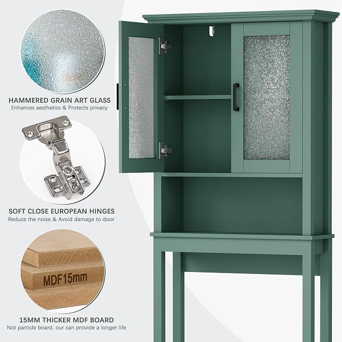 Over The Toilet Storage Cabinet, Over Toilet Bathroom Organizer with Glass Doors and Adjustable Shelf, Thicken Frame Above Toilet Storage Cabinet Behind Toilet Bathroom Organizer, Halcyon Green