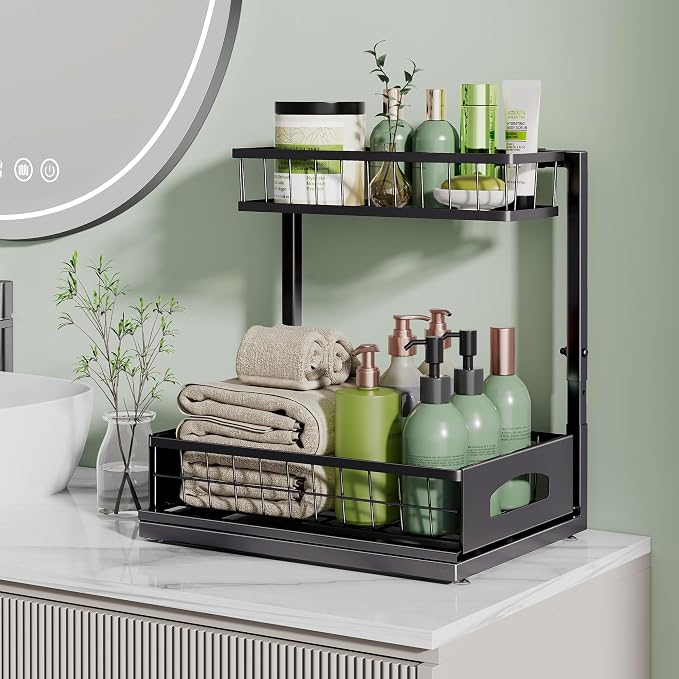 Under Sink Organizer, 2 Pack Cabinet Organizer for Kitchen, Height Adjustable Pull Out Heavy Duty 2 Tier Metal Under Sink Storage for Bathroom Pantry (Black, 2 Pack)