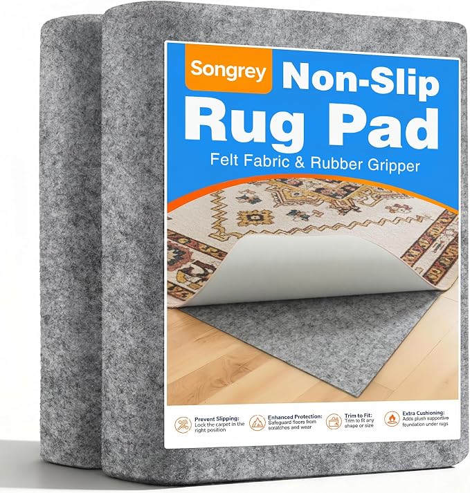 Songrey Non Slip Rug Pad Gripper 8x10 Ft, Thick Felt Fabric with Anti Skid Backing, Carpet Pad for Hardwood Floors, Keep Area Rugs in Place and Safe