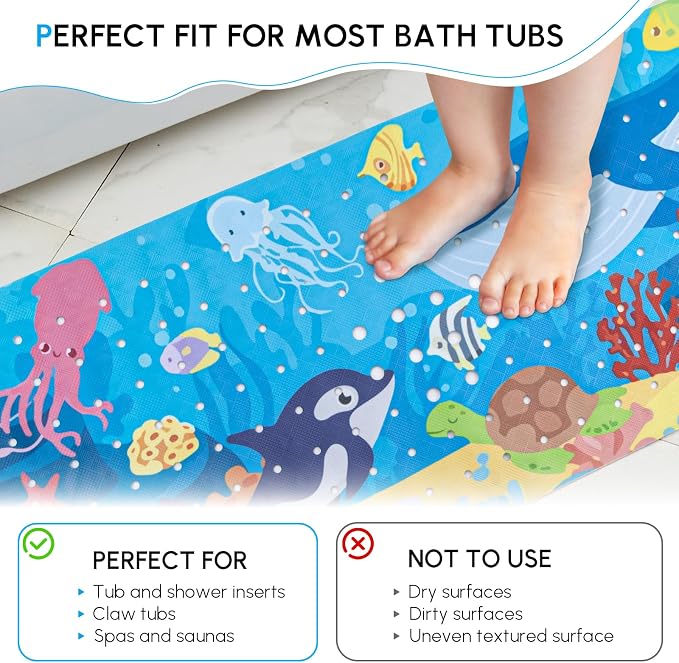 Baby Bath Mat Non Slip, Cartoon Kids Bath Mat for Tub 40 x 16 Inches, Non Slip Bathtub Mat with Suction Cups and Drain Holes Shower Stall Mats, Machine Washable, Dolphin