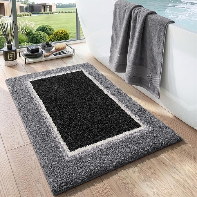 DEXI Bathroom Rugs 24x16, Absorbent Extra Soft Plush Microfiber Bath Mat for Bathroom, Non Slip Washable Bathmat Quick Dry for Shower Floor, Sink, Tub, Laundry Room, Black and Grey
