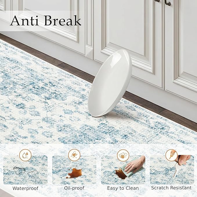 Anti Fatigue Kitchen Mats 2PCS Blue Neutral Mats for Cushioned Vintage Kitchen Matss for Floor Non-Slip Waterproof Comfort Standing Rug for Sink Laundry Office 17.3"×47"+17.3"×30"