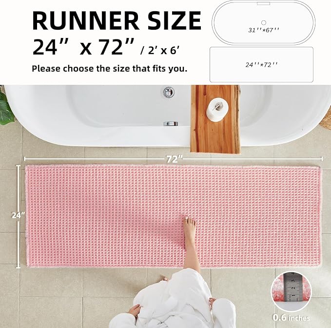 TYUU Light Peachy Pink Long Bathroom Rugs, Waffle Runner Rug Bathroom Non Slip Washable Quick Dry Cute Bath Mat Boho Farmhouse Bath Mat, 72"x24" Light Peachy Pink