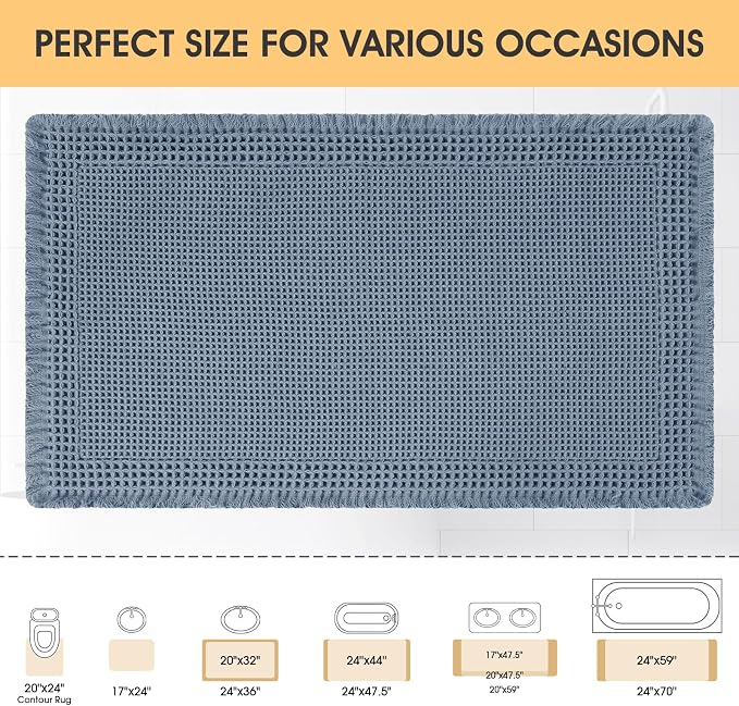 IM HOME Upgrade Waffle Bath Mat, Boho Bathroom Rugs Absorbent Non Slip, Ultra Soft Bathroom Mat, Machine Washable Knit Bath Rugs with Border for Bathroom, Bedroom, Kitchen, Shower, Tub, 32"x20", Blue