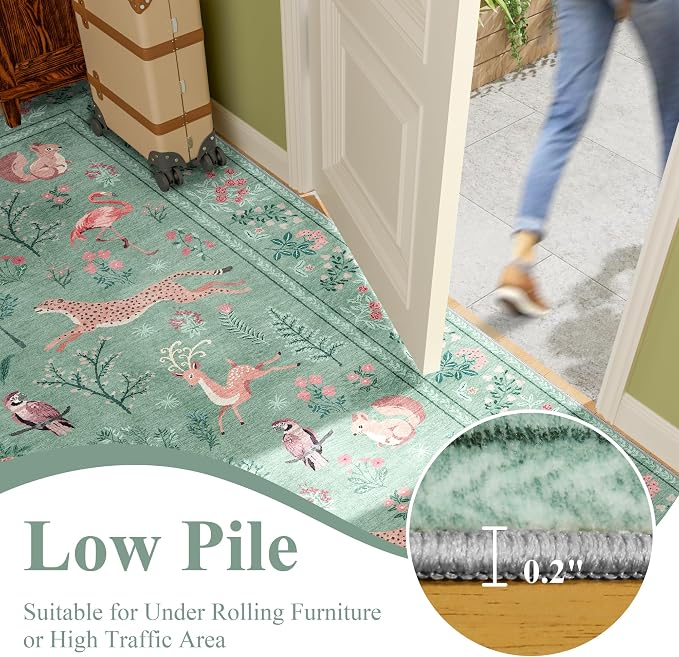 DUKINO 4x6 Rug, Washable Animal Area Rug with Non Slip Vintage Design, Indoor Soft Low Pile Carpet for Bedroom, Nursery, Dining Room, Farmhouse, Playroom, Teal