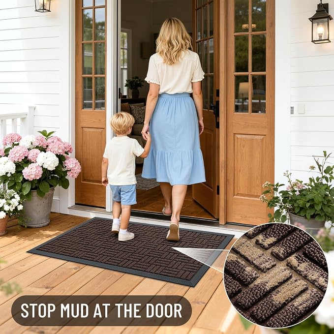 OLANLY Front Door Mat Outside Entrance 47x32, Absorbent, Heavy Duty Sturdy Natural Rubber Doormat Indoor Outdoor, Stain and Fade Resistant, Non-Slip Backing Low Profile Floor Mat for Entryway, Brown