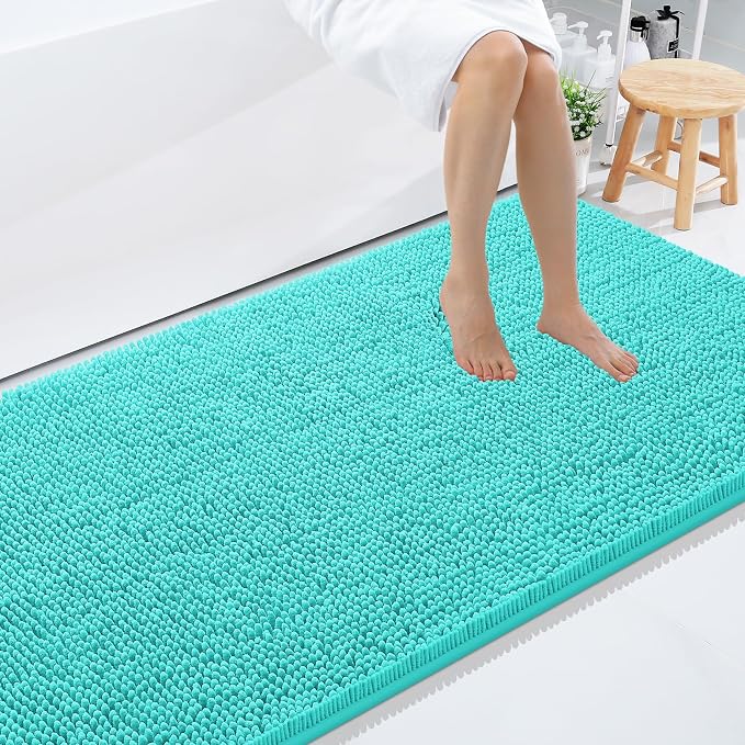 Smiry Luxury Chenille Bathroom Rugs 59x35, Extra Soft and Absorbent Shaggy Bath Mat, Machine Washable, Non-Slip Plush Carpet Runner for Tub, Shower, and Floor, Home Decor Accessories, Turquoise