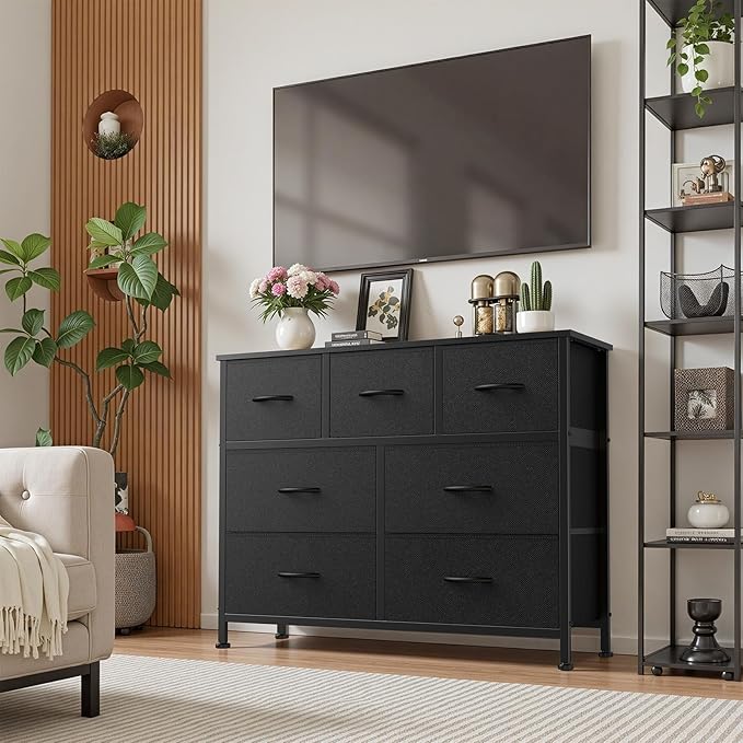 Sweetcrispy 7 Drawer Dresser with Fabric Bins Fabric Storage Tower Organizer for Bedroom Closet Hallway Entryway Tall Chest of Drawers with Steel Frame Wood Top Easy Pull Handles,Black
